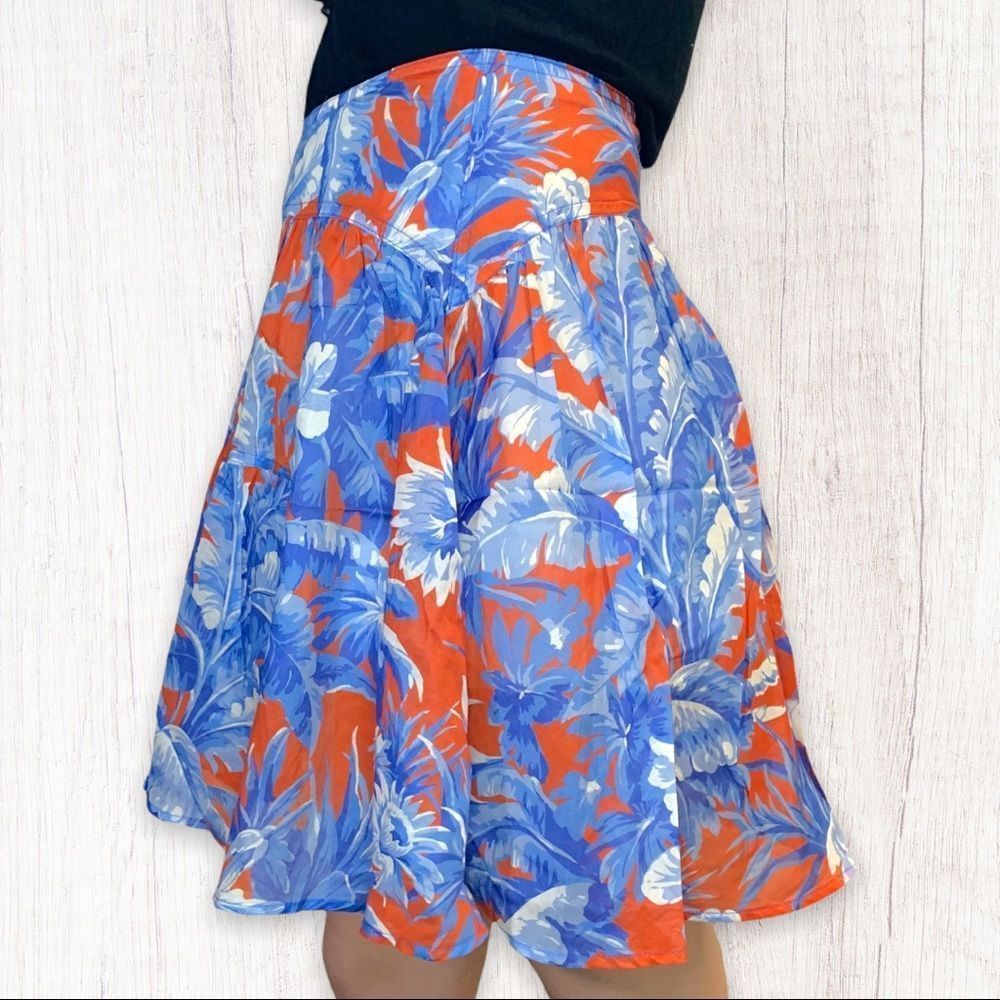 J. Crew Women's Sz. 2 Orange Blue Floral 100% Cotton Mini Skirt Yoke Waist Boho